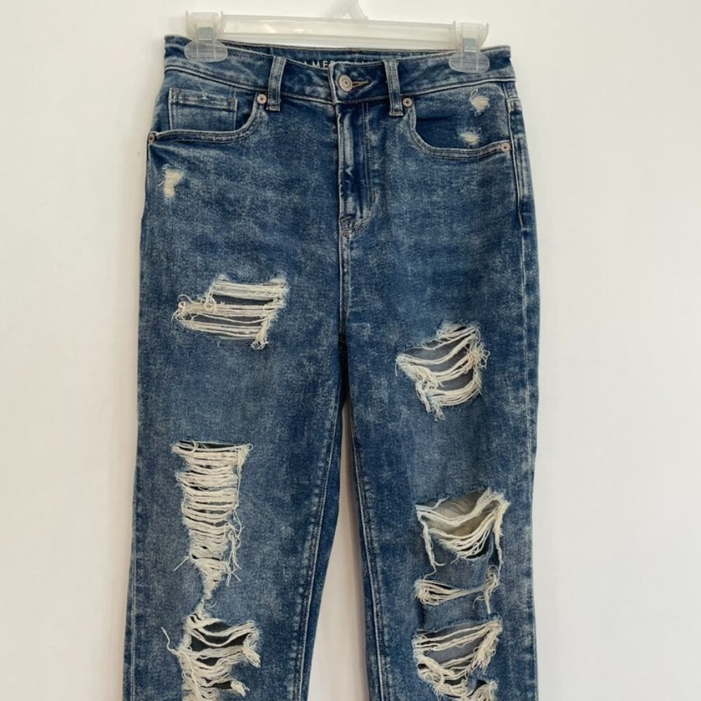 AMERICAN EAGLE AE Stretch Ripped Mom Jean Acid Wash High Waisted Cropped 0 LONG - Picture 4 of 16